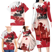 Personalised Canada Day 1867 Family Matching Long Sleeve Bodycon Dress and Hawaiian Shirt Moose With Maple Leaves