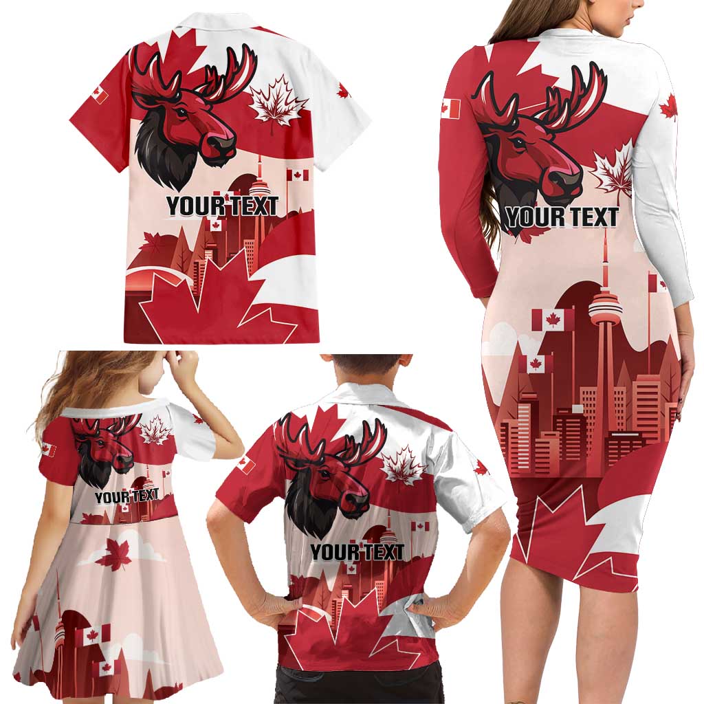 Personalised Canada Day 1867 Family Matching Long Sleeve Bodycon Dress and Hawaiian Shirt Moose With Maple Leaves