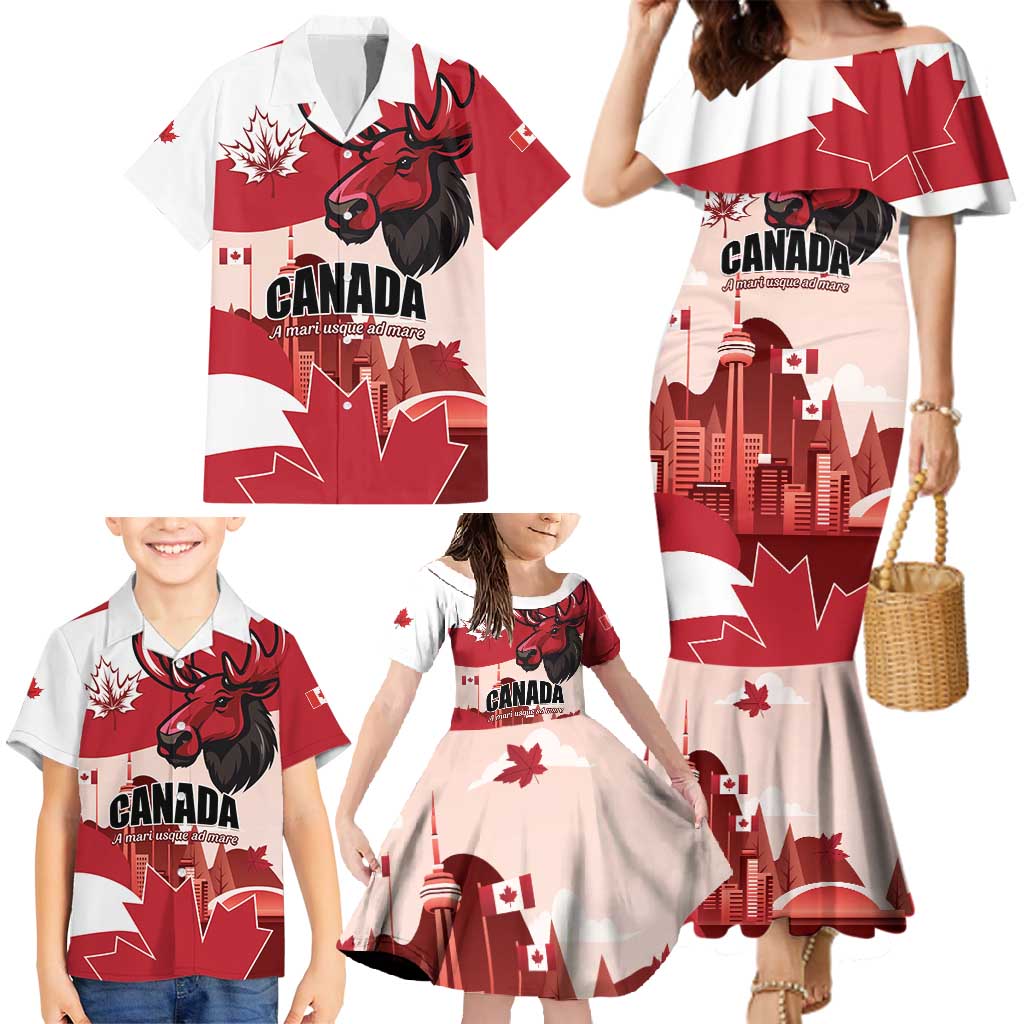 Personalised Canada Day 1867 Family Matching Mermaid Dress and Hawaiian Shirt Moose With Maple Leaves