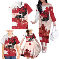Personalised Canada Day 1867 Family Matching Off The Shoulder Long Sleeve Dress and Hawaiian Shirt Moose With Maple Leaves