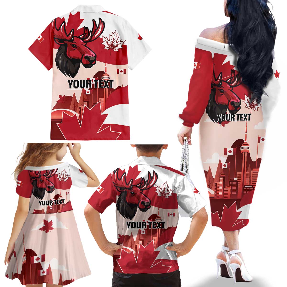 Personalised Canada Day 1867 Family Matching Off The Shoulder Long Sleeve Dress and Hawaiian Shirt Moose With Maple Leaves