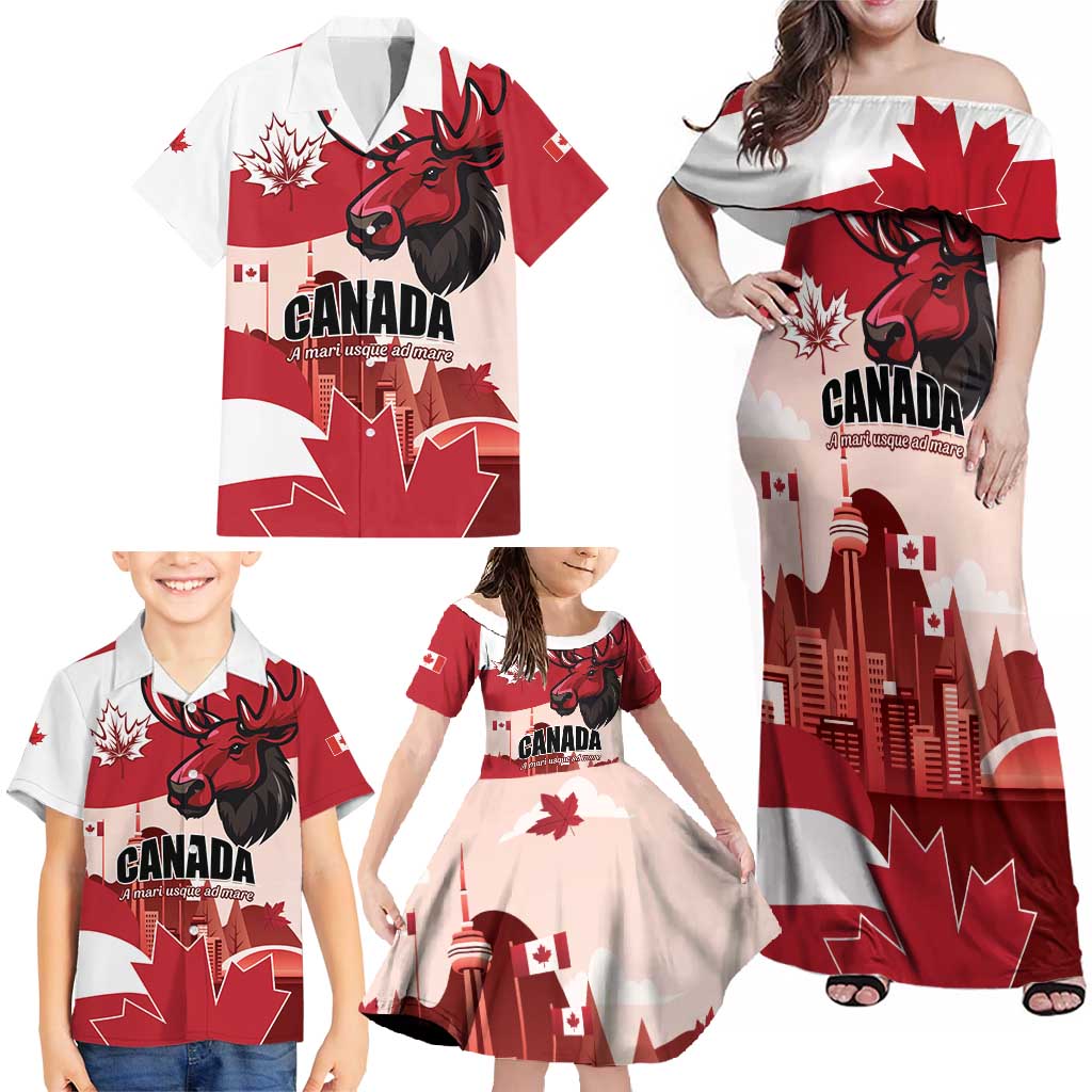 Personalised Canada Day 1867 Family Matching Off Shoulder Maxi Dress and Hawaiian Shirt Moose With Maple Leaves