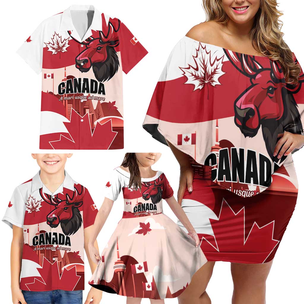 Personalised Canada Day 1867 Family Matching Off Shoulder Short Dress and Hawaiian Shirt Moose With Maple Leaves