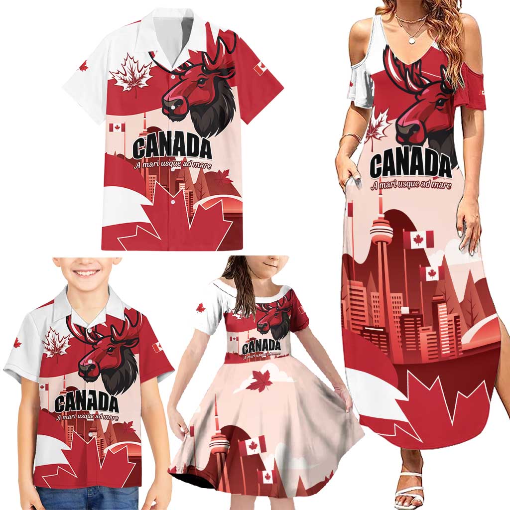 Personalised Canada Day 1867 Family Matching Summer Maxi Dress and Hawaiian Shirt Moose With Maple Leaves