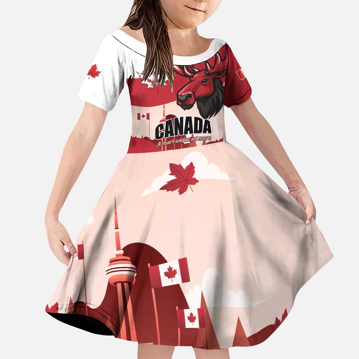 Personalised Canada Day 1867 Kid Short Sleeve Dress Moose With Maple Leaves