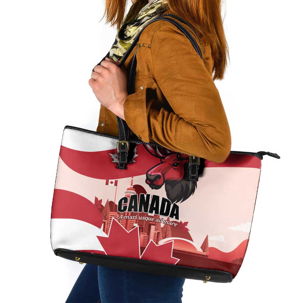Canada Day 1867 Leather Tote Bag Moose With Maple Leaves