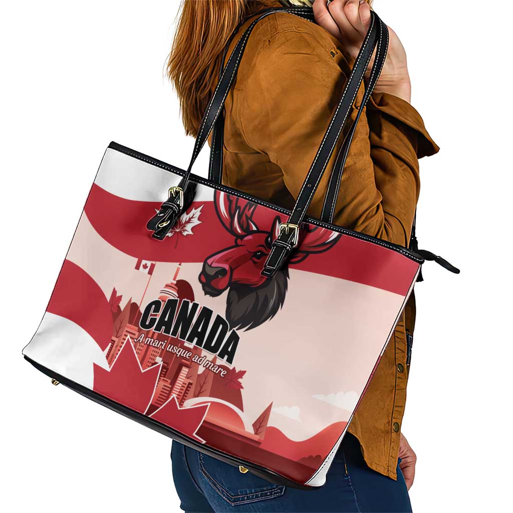 Canada Day 1867 Leather Tote Bag Moose With Maple Leaves