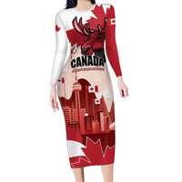 Personalised Canada Day 1867 Long Sleeve Bodycon Dress Moose With Maple Leaves