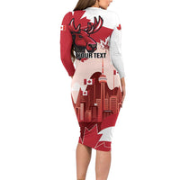 Personalised Canada Day 1867 Long Sleeve Bodycon Dress Moose With Maple Leaves