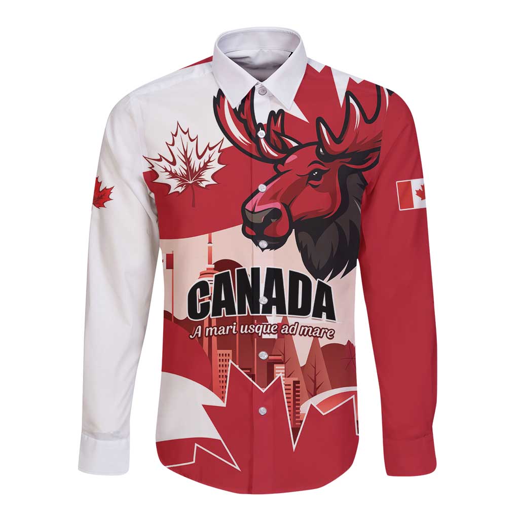 Personalised Canada Day 1867 Long Sleeve Button Shirt Moose With Maple Leaves