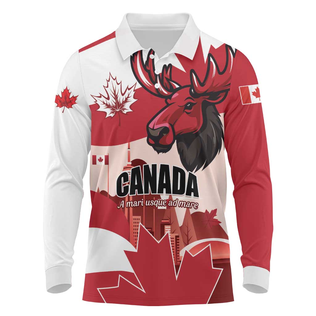 Personalised Canada Day 1867 Long Sleeve Polo Shirt Moose With Maple Leaves