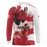 Personalised Canada Day 1867 Long Sleeve Polo Shirt Moose With Maple Leaves