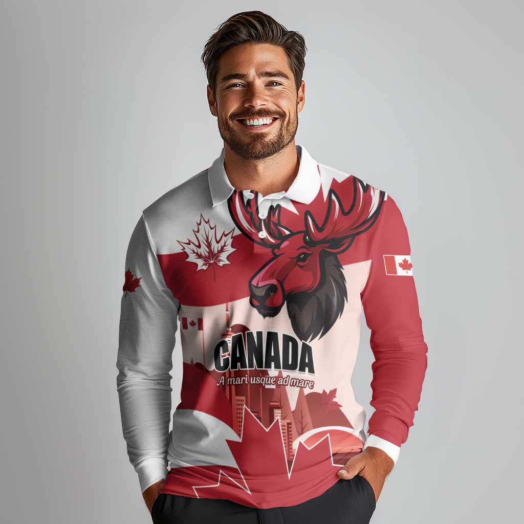 Personalised Canada Day 1867 Long Sleeve Polo Shirt Moose With Maple Leaves