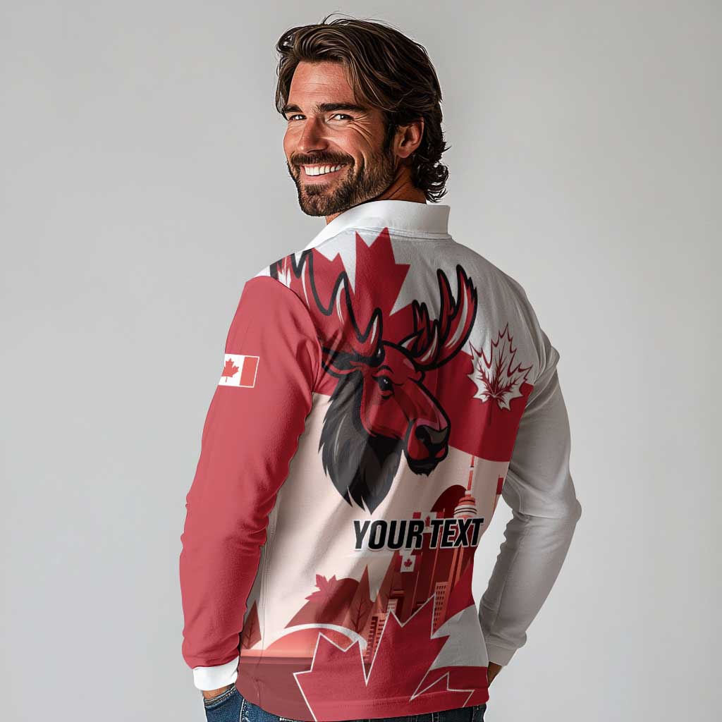Personalised Canada Day 1867 Long Sleeve Polo Shirt Moose With Maple Leaves