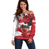 Personalised Canada Day 1867 Off Shoulder Sweater Moose With Maple Leaves