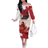 Personalised Canada Day 1867 Off The Shoulder Long Sleeve Dress Moose With Maple Leaves