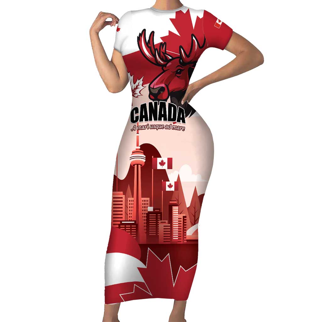 Personalised Canada Day 1867 Short Sleeve Bodycon Dress Moose With Maple Leaves