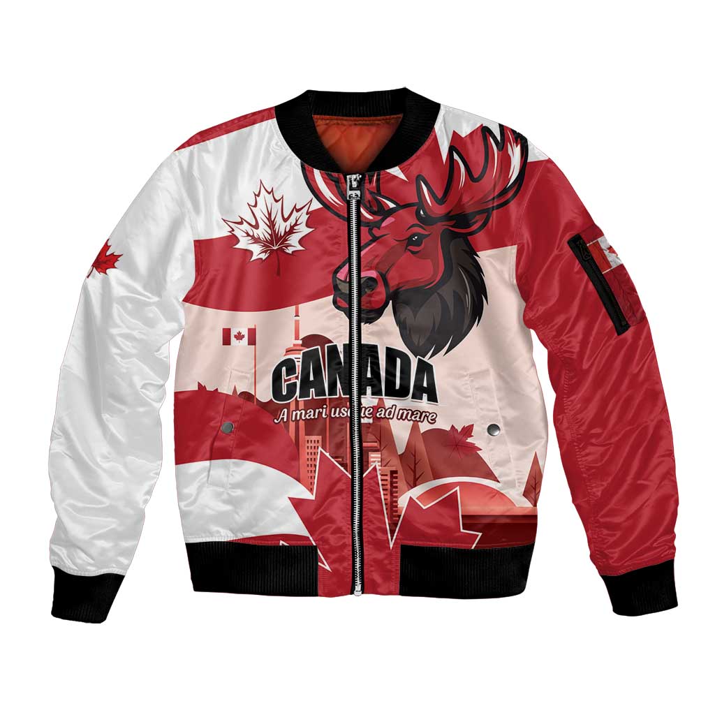 Personalised Canada Day 1867 Sleeve Zip Bomber Jacket Moose With Maple Leaves