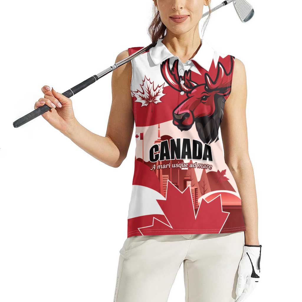 Personalised Canada Day 1867 Women Sleeveless Polo Shirt Moose With Maple Leaves