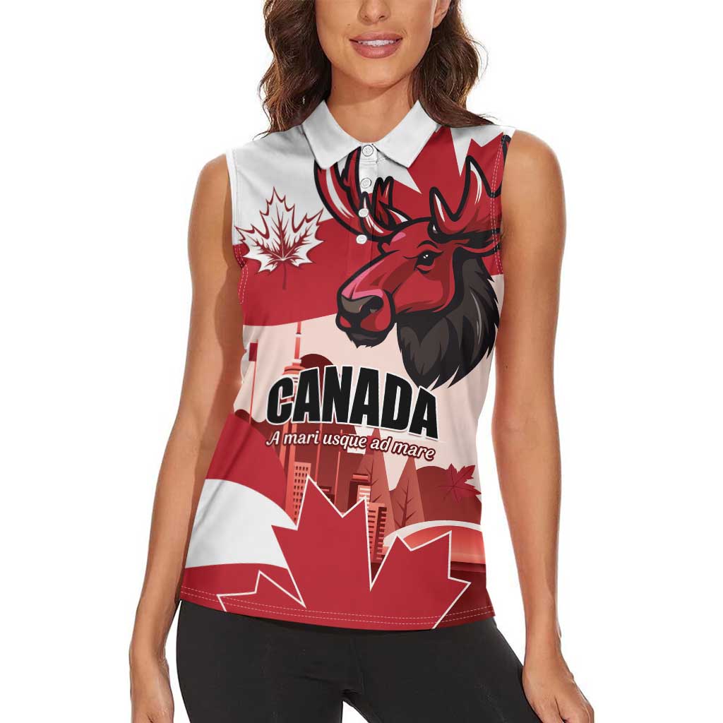 Personalised Canada Day 1867 Women Sleeveless Polo Shirt Moose With Maple Leaves