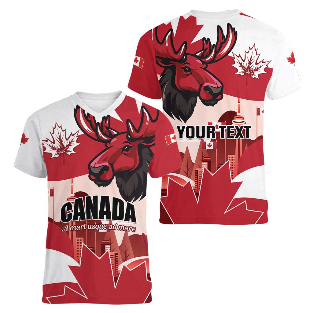 Personalised Canada Day 1867 Women V-Neck T-Shirt Moose With Maple Leaves