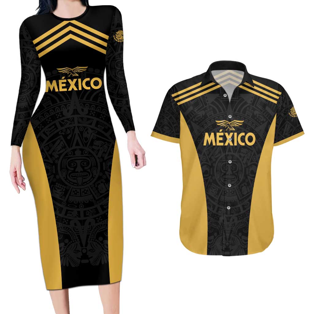 Custom Football 2025 Mexico Couples Matching Long Sleeve Bodycon Dress and Hawaiian Shirt Special Gold Edition