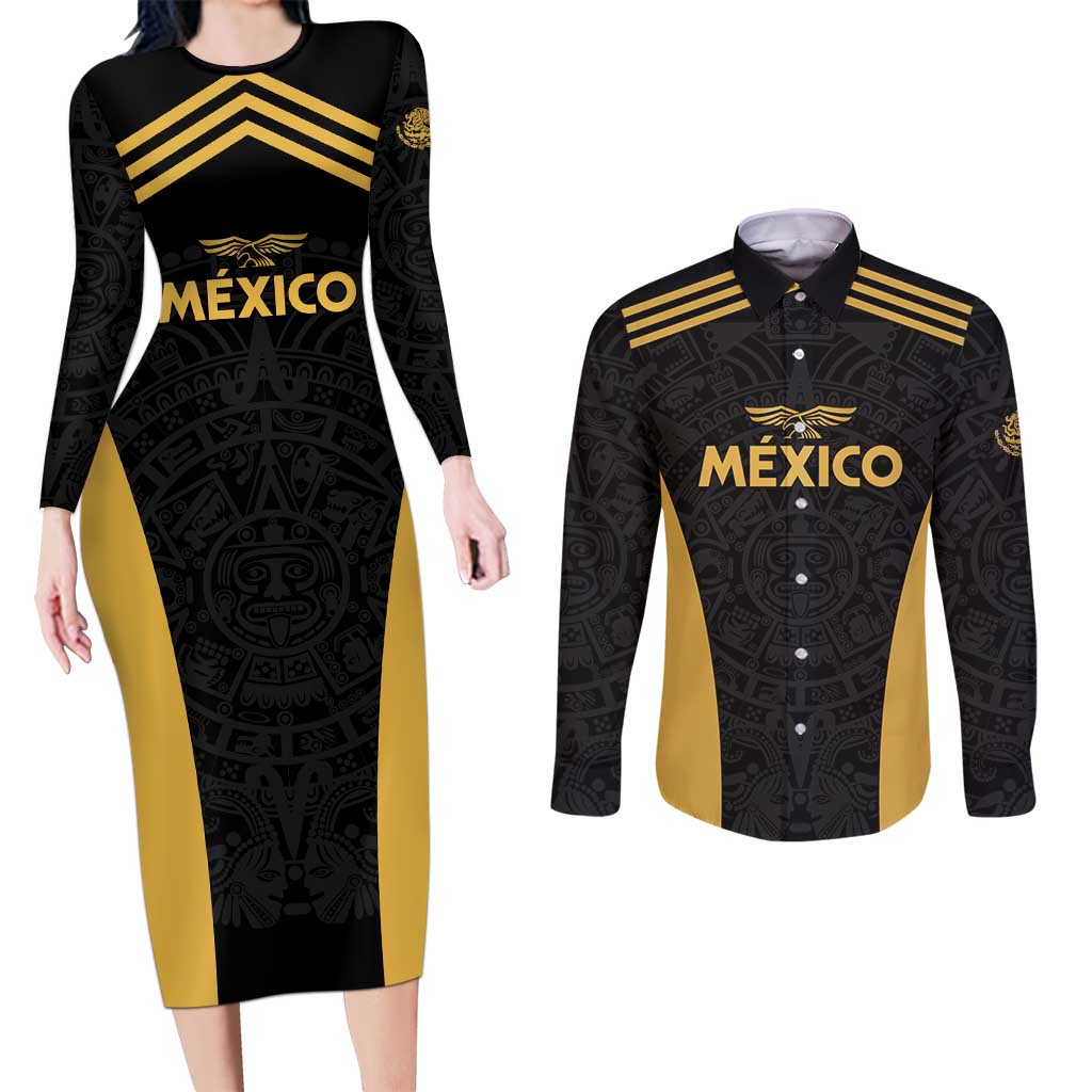 Custom Football 2025 Mexico Couples Matching Long Sleeve Bodycon Dress and Long Sleeve Button Shirt Special Gold Edition