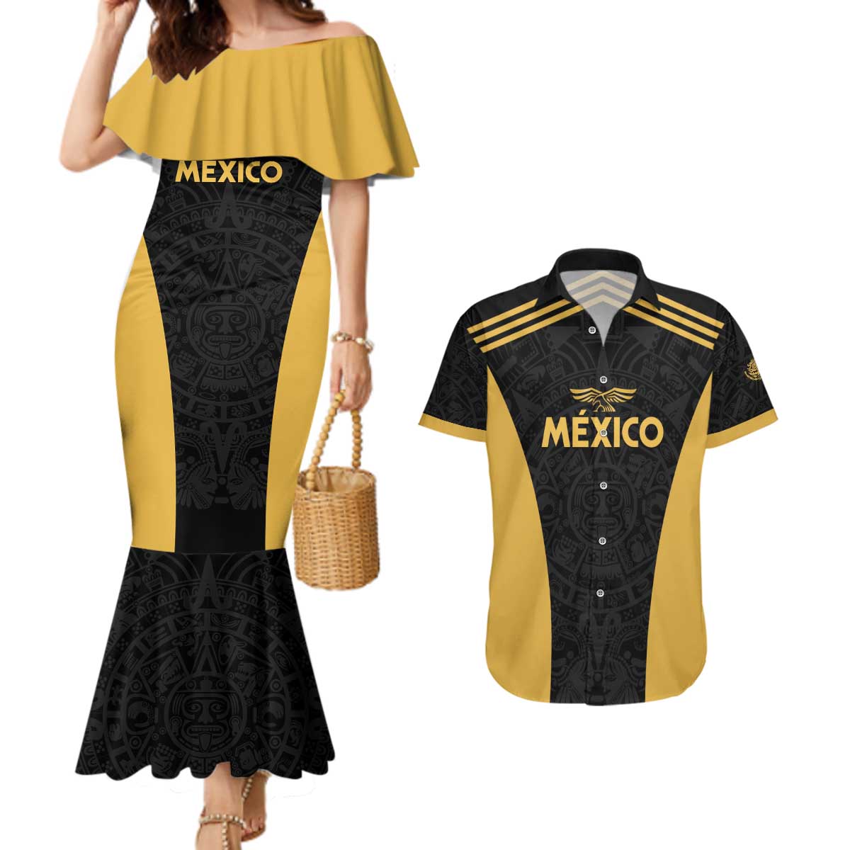 Custom Football 2025 Mexico Couples Matching Mermaid Dress and Hawaiian Shirt Special Gold Edition