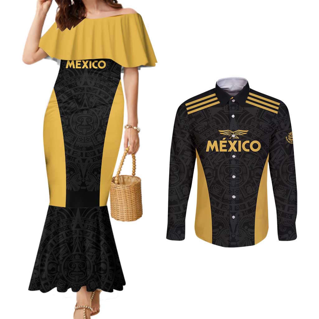 Custom Football 2025 Mexico Couples Matching Mermaid Dress and Long Sleeve Button Shirt Special Gold Edition
