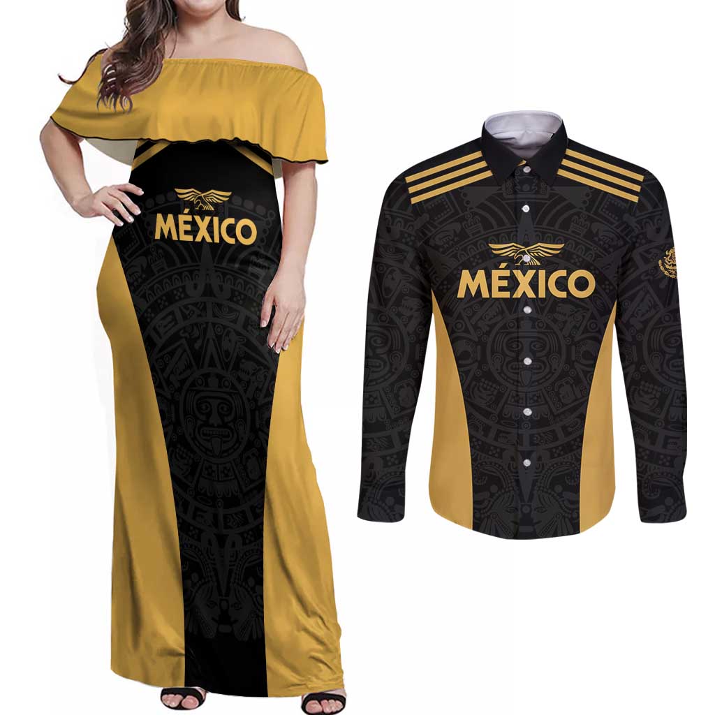 Custom Football 2025 Mexico Couples Matching Off Shoulder Maxi Dress and Long Sleeve Button Shirt Special Gold Edition