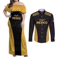 Custom Football 2025 Mexico Couples Matching Off Shoulder Maxi Dress and Long Sleeve Button Shirt Special Gold Edition