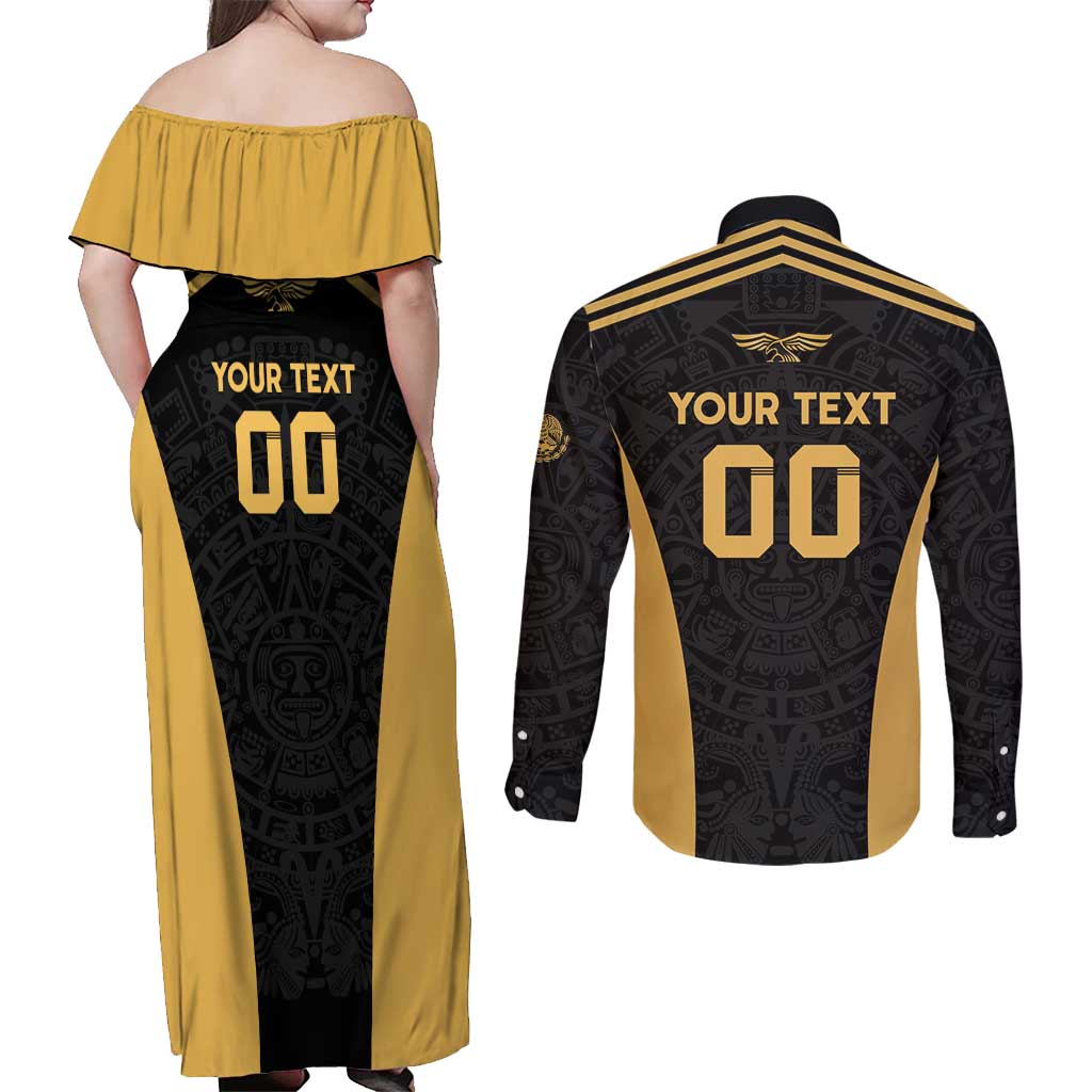 Custom Football 2025 Mexico Couples Matching Off Shoulder Maxi Dress and Long Sleeve Button Shirt Special Gold Edition