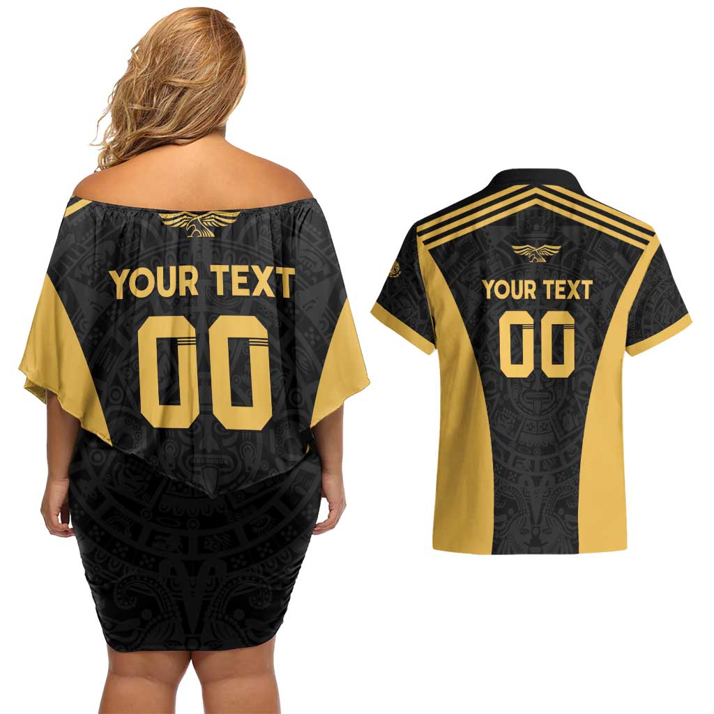Custom Football 2025 Mexico Couples Matching Off Shoulder Short Dress and Hawaiian Shirt Special Gold Edition