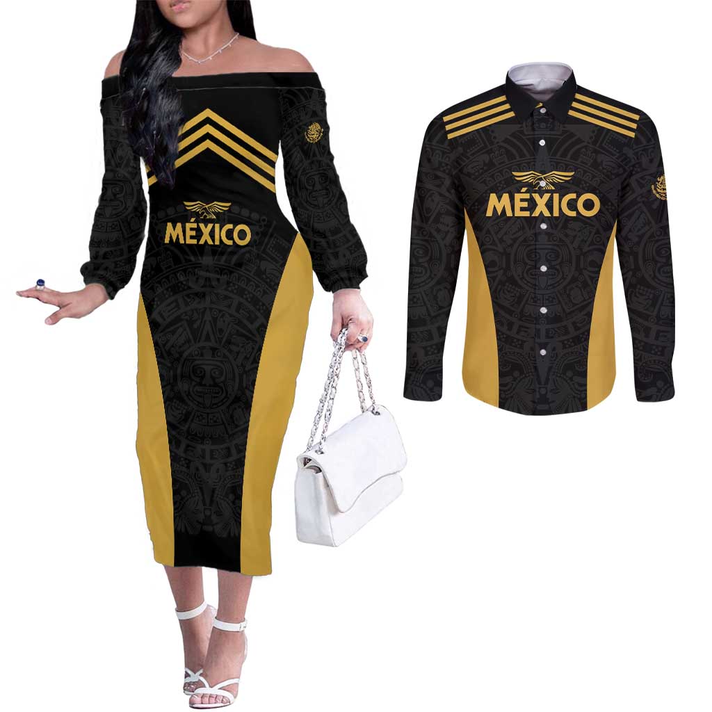 Custom Football 2025 Mexico Couples Matching Off The Shoulder Long Sleeve Dress and Long Sleeve Button Shirt Special Gold Edition