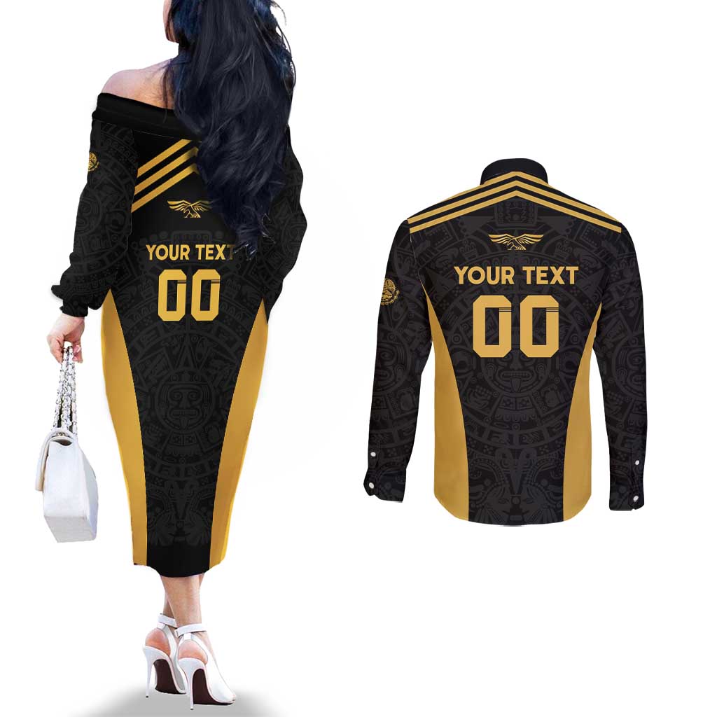 Custom Football 2025 Mexico Couples Matching Off The Shoulder Long Sleeve Dress and Long Sleeve Button Shirt Special Gold Edition