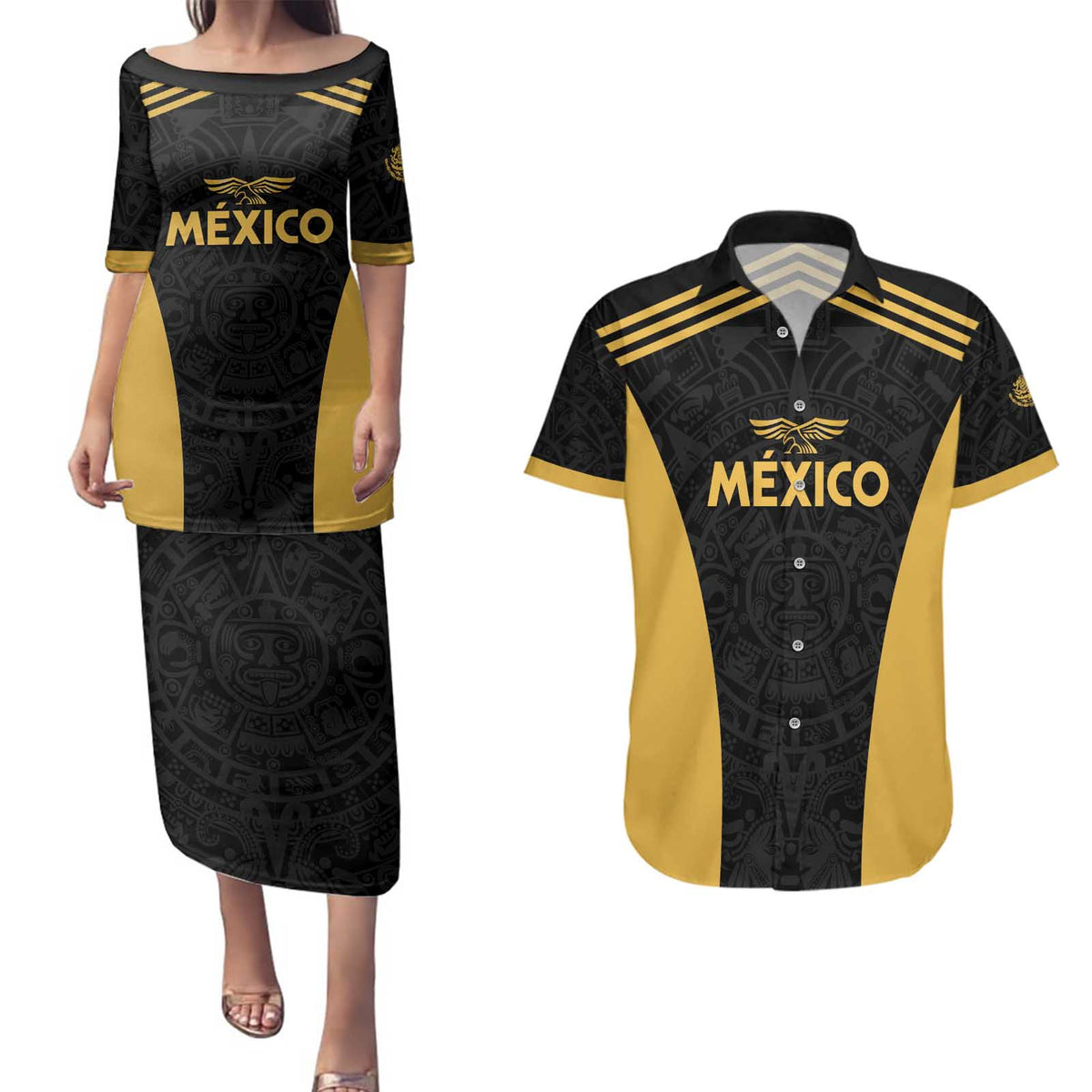 Custom Football 2025 Mexico Couples Matching Puletasi and Hawaiian Shirt Special Gold Edition