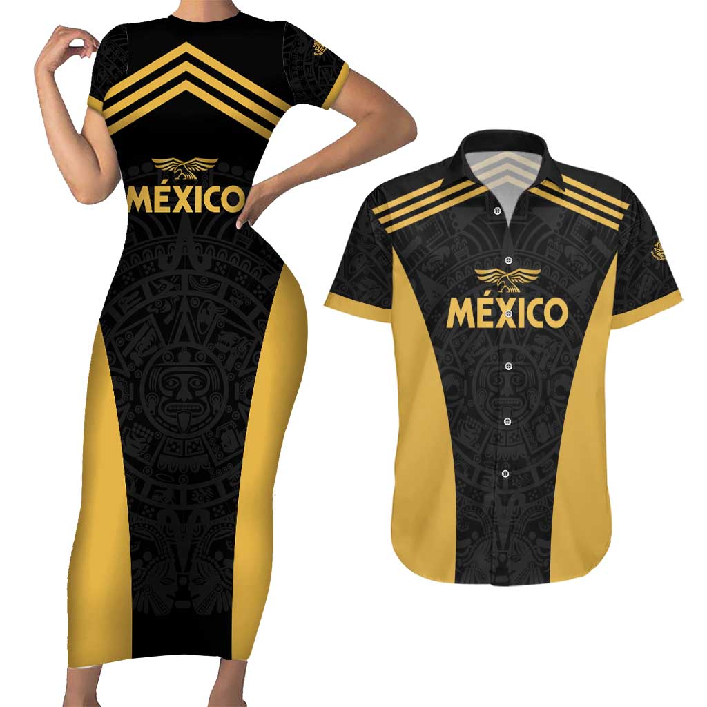 Custom Football 2025 Mexico Couples Matching Short Sleeve Bodycon Dress and Hawaiian Shirt Special Gold Edition