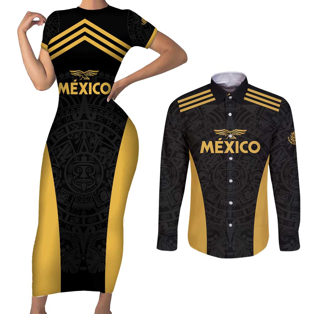 Custom Football 2025 Mexico Couples Matching Short Sleeve Bodycon Dress and Long Sleeve Button Shirt Special Gold Edition