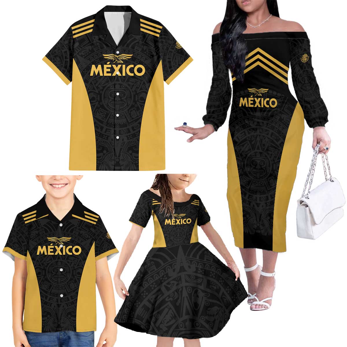 Custom Football 2025 Mexico Family Matching Off The Shoulder Long Sleeve Dress and Hawaiian Shirt Special Gold Edition