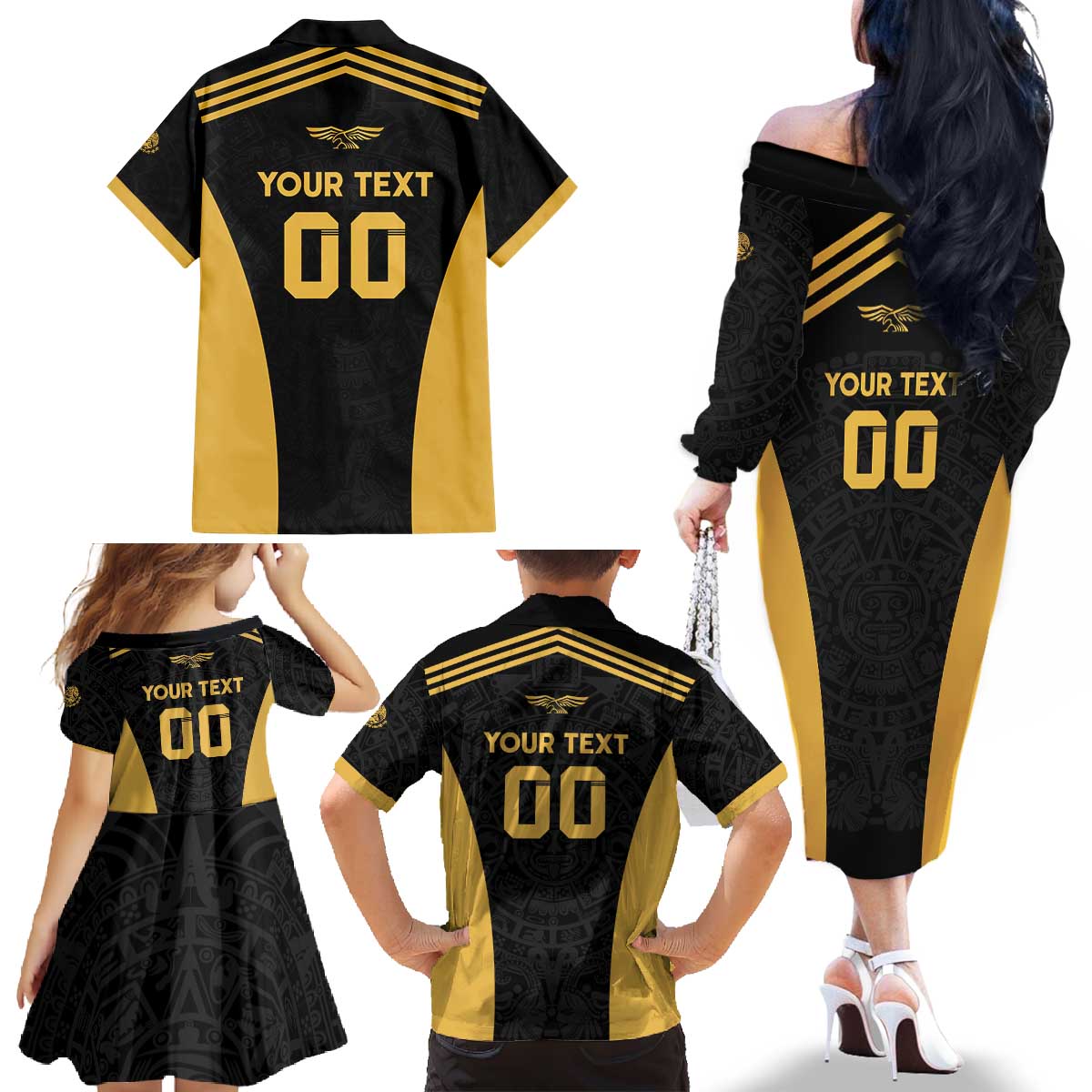 Custom Football 2025 Mexico Family Matching Off The Shoulder Long Sleeve Dress and Hawaiian Shirt Special Gold Edition