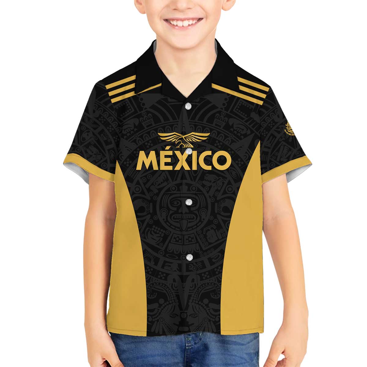 Custom Football 2025 Mexico Family Matching Off The Shoulder Long Sleeve Dress and Hawaiian Shirt Special Gold Edition
