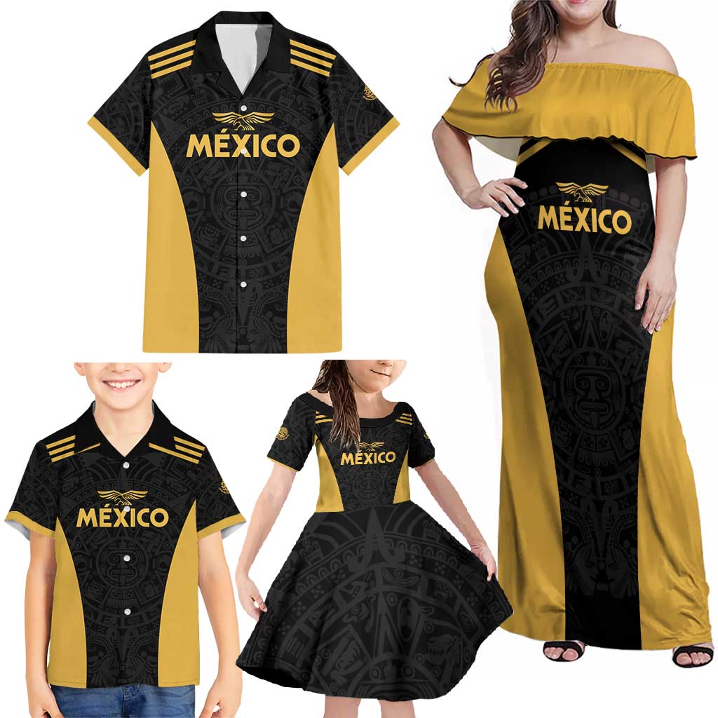 Custom Football 2025 Mexico Family Matching Off Shoulder Maxi Dress and Hawaiian Shirt Special Gold Edition