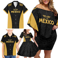 Custom Football 2025 Mexico Family Matching Off Shoulder Short Dress and Hawaiian Shirt Special Gold Edition