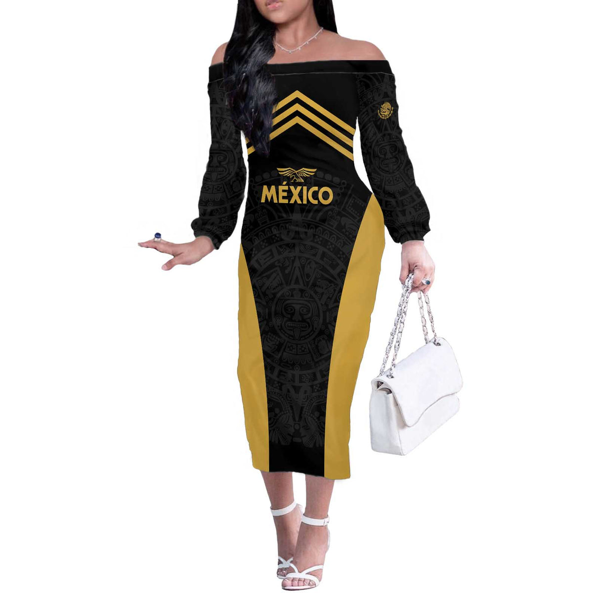 Custom Football 2025 Mexico Off The Shoulder Long Sleeve Dress Special Gold Edition