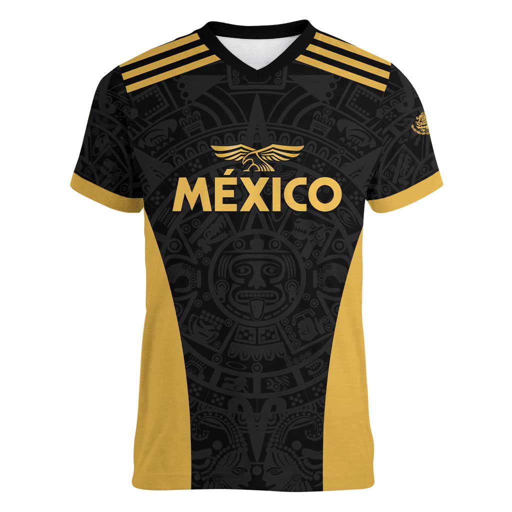 Custom Football 2025 Mexico Women V-Neck T-Shirt Special Gold Edition