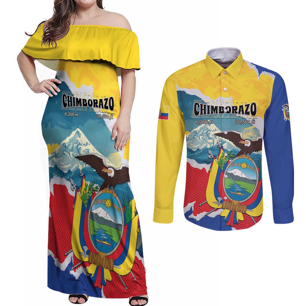 Personalized Ecuador Chimborazo Mountain Couples Matching Off Shoulder Maxi Dress and Long Sleeve Button Shirt La Sultana de Los Andes