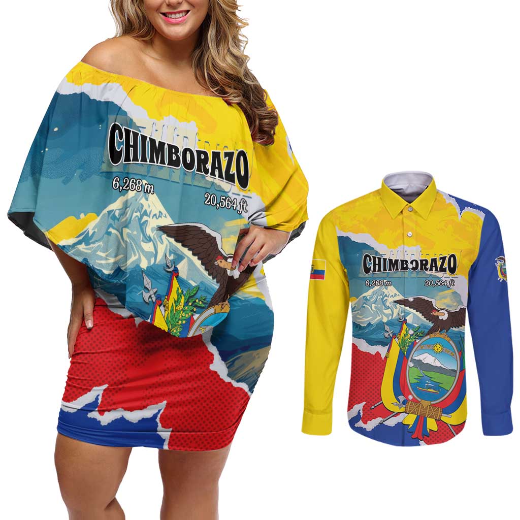 Personalized Ecuador Chimborazo Mountain Couples Matching Off Shoulder Short Dress and Long Sleeve Button Shirt La Sultana de Los Andes