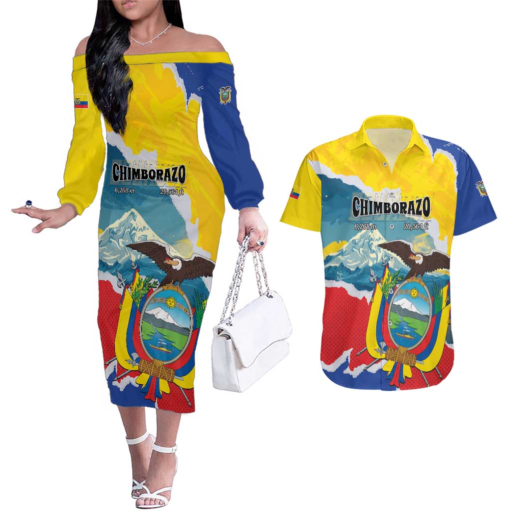 Personalized Ecuador Chimborazo Mountain Couples Matching Off The Shoulder Long Sleeve Dress and Hawaiian Shirt La Sultana de Los Andes