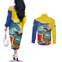 Personalized Ecuador Chimborazo Mountain Couples Matching Off The Shoulder Long Sleeve Dress and Long Sleeve Button Shirt La Sultana de Los Andes