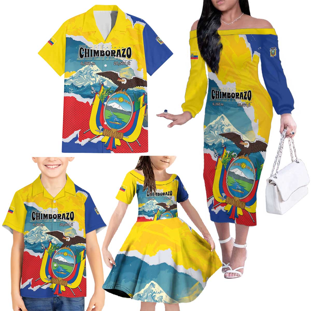 Personalized Ecuador Chimborazo Mountain Family Matching Off The Shoulder Long Sleeve Dress and Hawaiian Shirt La Sultana de Los Andes